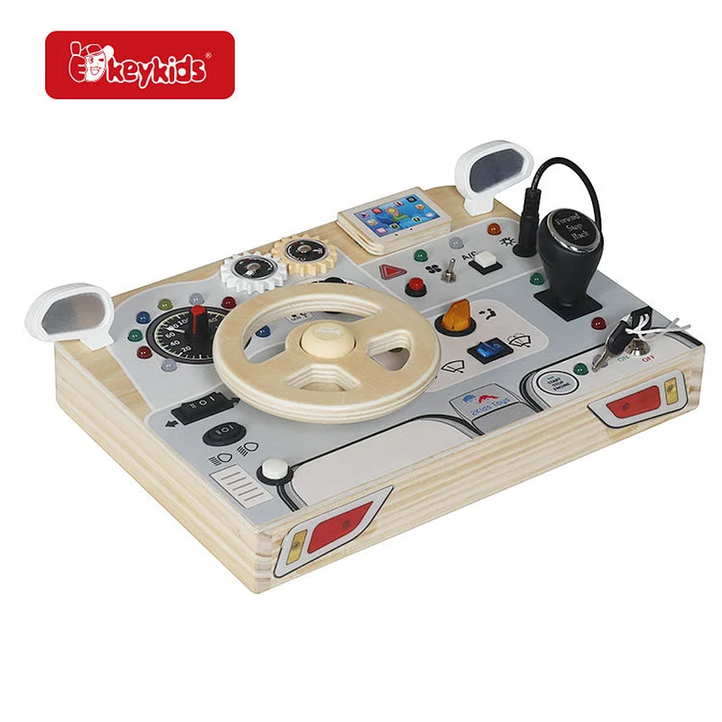 Wooden Car Dashboard Busy Board Toy with Realistic Sound Effects, Steering Wheel Pretend Driving Play Toy W12D769